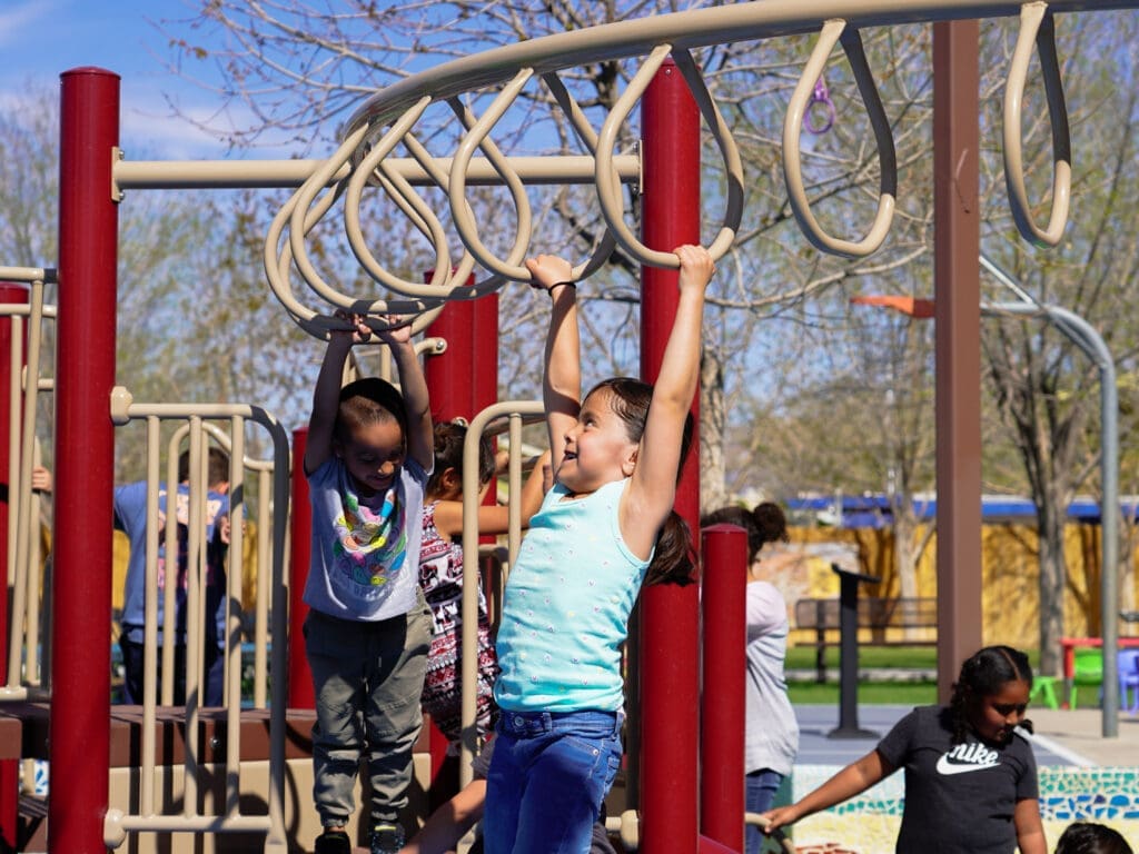 Children playing on monkey bars.