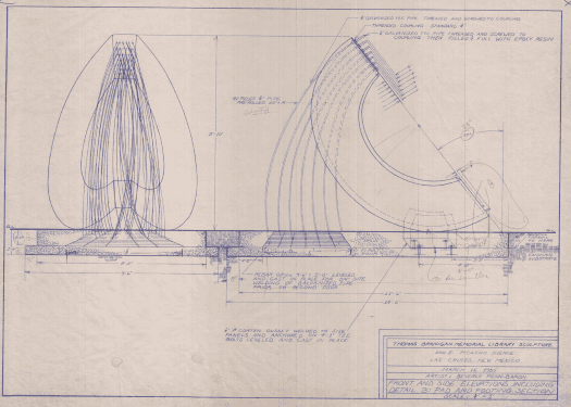 Blueprint drawing of bent circle with linear rods attached design