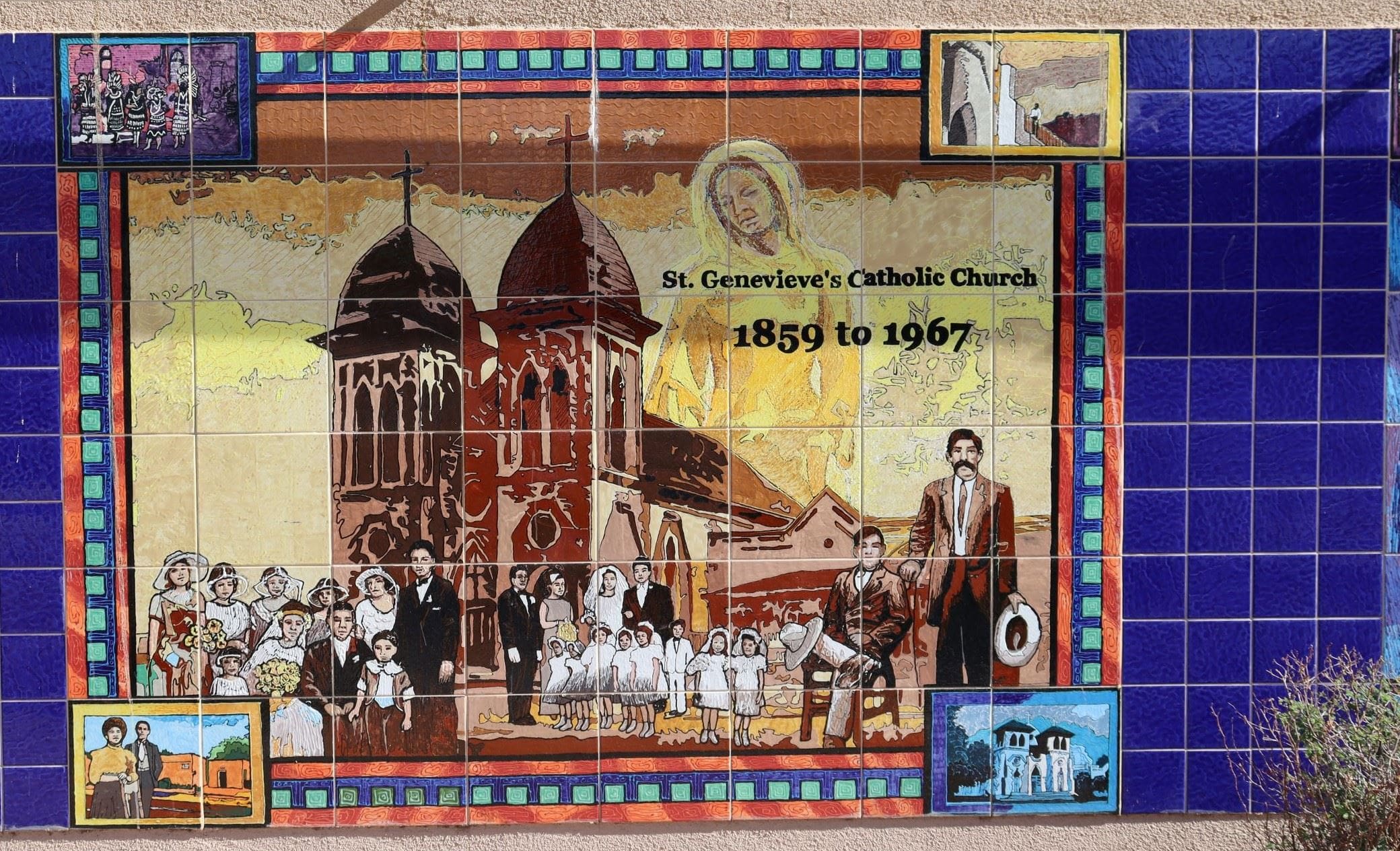 Mosaic mural showing a bridal party and group of girls dressed in white in front of historical church