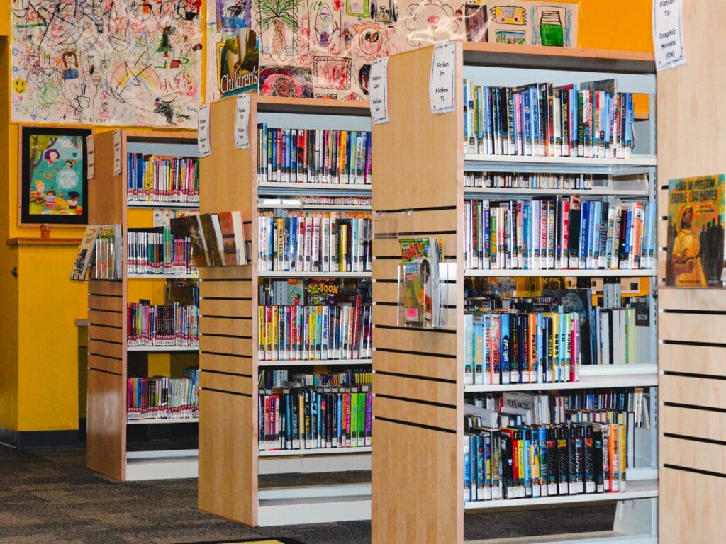 A line of three bookshelves.