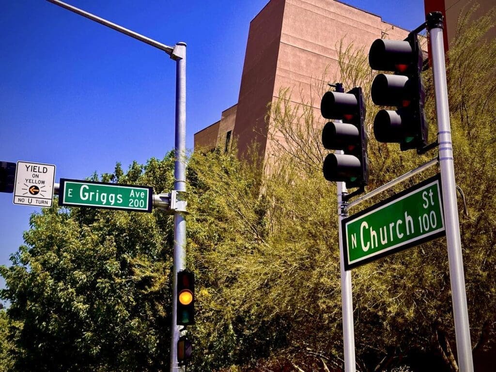 Federal Building in background with traffic lights at Griggs Avenue and Church Street