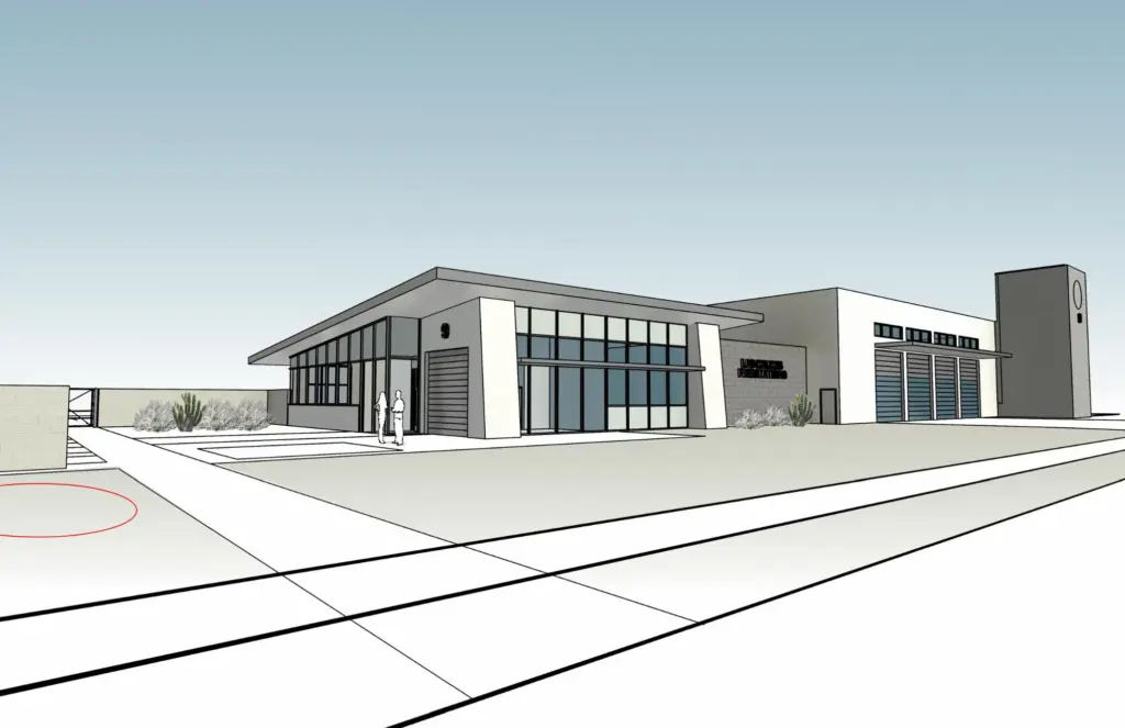 An architectural rendering of the design for Fire Station 9.