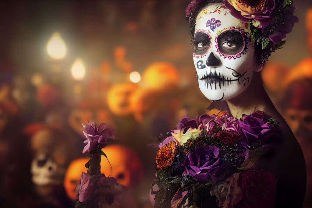 Sugar skull with colorful flowers. Calavera Catrina. Dia de los muertos. Day of The Dead. Digital 3D illustration