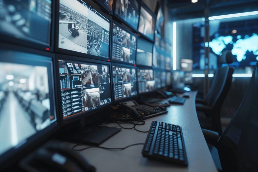 Data center - Televisions lined up in a panel with keyboards across a table