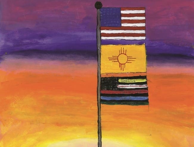 Painting with three different flags on one pole