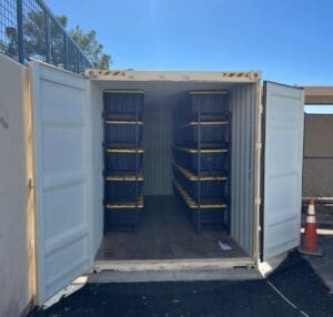 Storage container with doors open