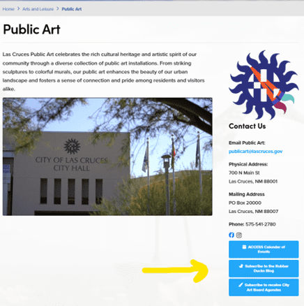 screenshot of Public Art webpage with yellow arrow pointing at Rubber Duck subscription button.