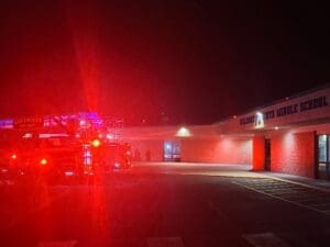 Fire Truck parked in front of Vista Middle School at night