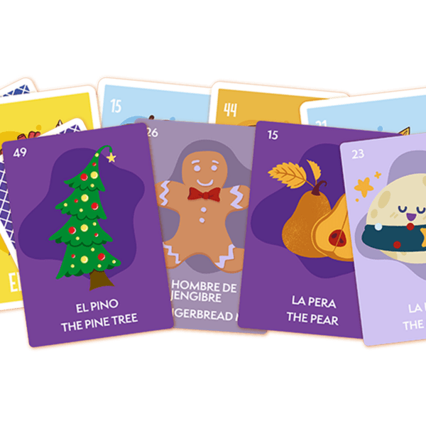 Loteria cards with Christmas themes including El Pino, La Pera, and La Luna.