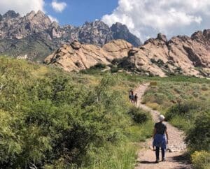 Group of hikers walking along a trail near the Organ Mountains