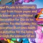 A picture of paper banners in the sky. It reads "Papel Picado is traditionally cut out from tissue paper and is known as a traditional decoration for Día de los Muertos. For the holiday this decoration illustrates death in activities for the living through the element of air."