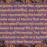 A picture of dozens of Monarch butterflies. It reads "Mariposas, or butterflies, especially Monarch butterflies, are a symbolic icon representing the belief in some areas of Mexico that when the deceased leaves this world and passes to eternal life in the early morning of November 2nd, their soul returns to earth as a butterfly to visit their loved ones."