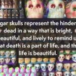 A picture of decorated sugar skulls. It reads "Sugar skulls represent the hindered dead in a way that is bright, beautiful, and lively to remind us that death is a part of life, and that life is beautiful."