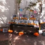 A picture of an ofrenda altar in front of some small trees, covered in informational picture frames and decorated with marigolds and skulls.