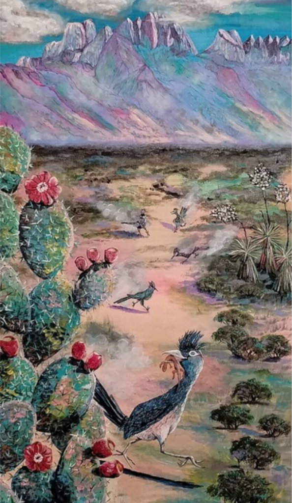 Acrylic painting of roadrunners in hot pursuit of their buddy who caught the lizard. Work features the Organ Mountains, prickly pear cactus and yuccas