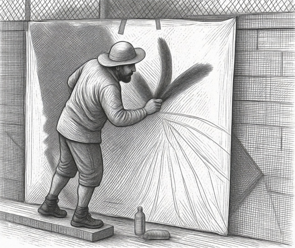 sketch of man painting on a wall