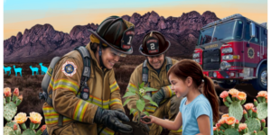 Photorealism mural concept with firefighters and child against a backdrop of the Organ mt.