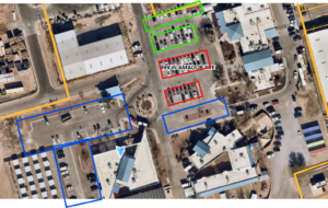 Community of Hope will have parking lot restriping phases coordinated by color and time. There are three sections, blue outlined lots, red outlined, and green outlined.