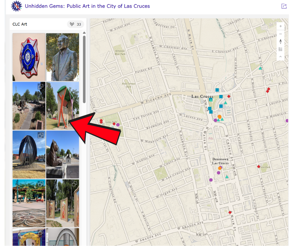 Public art map with images on left side and map with dots on right side. Red arrow points to image.