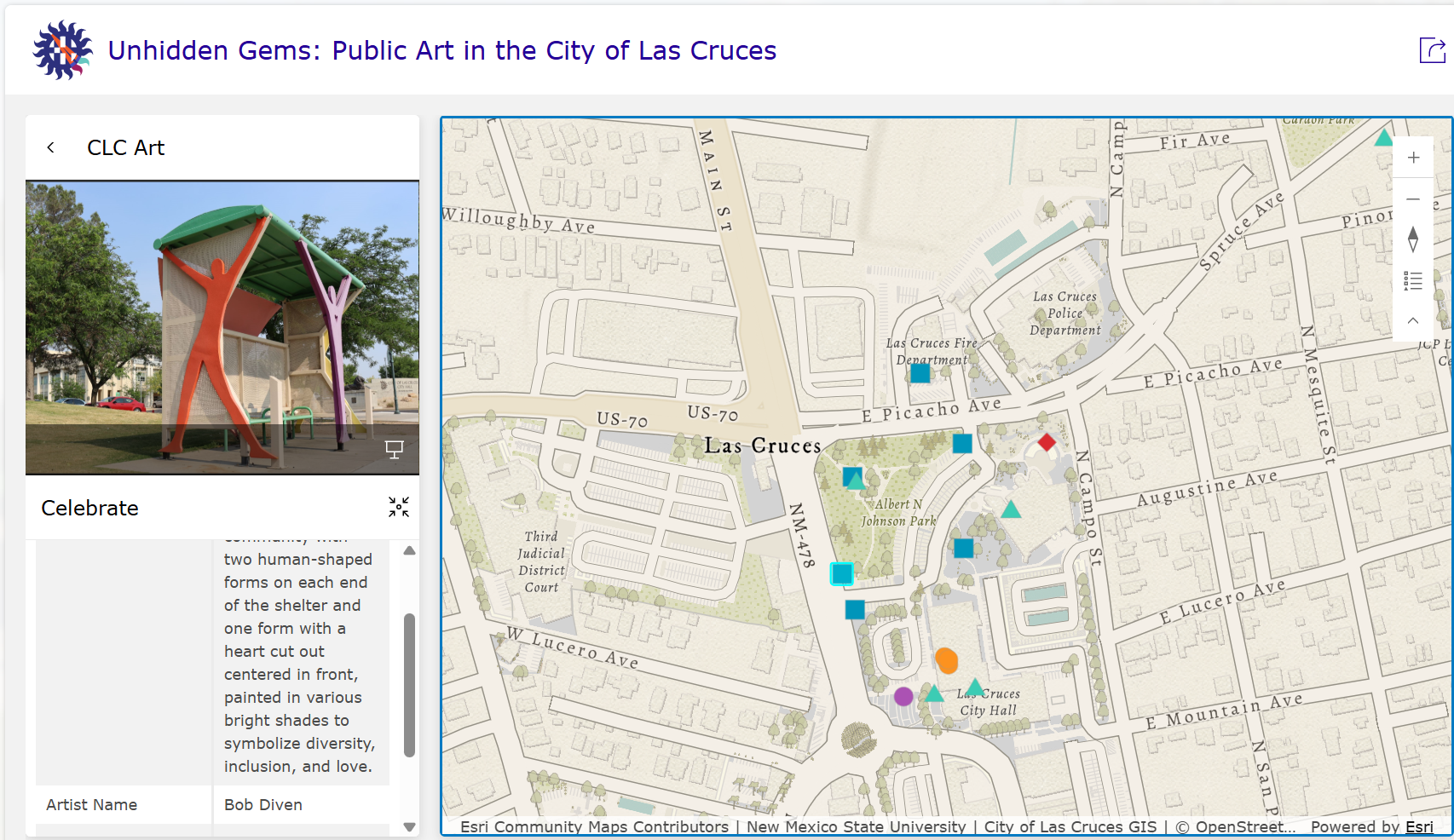 Image of artistic shelter on left with information below. Map with dots on right. 
