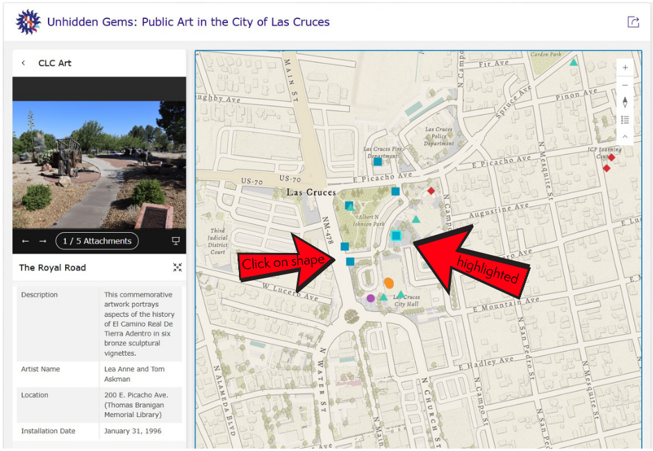 Map with dots and red arrows pointing to highlighted dot and other dots that can be clicked. 