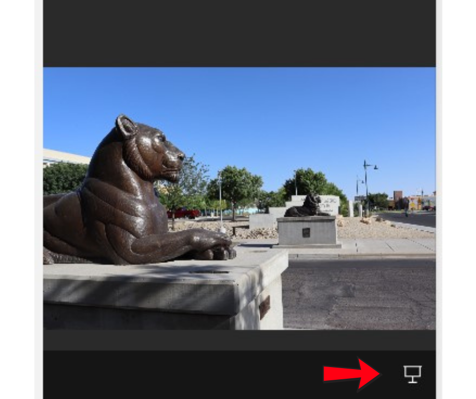 Image of bronze lion on platform with a red arrow pointing to a monitor icon on the bottom right corner.