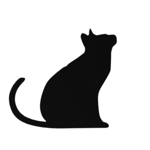 A drawing of a black cat silhouette sitting and looking up to the right.