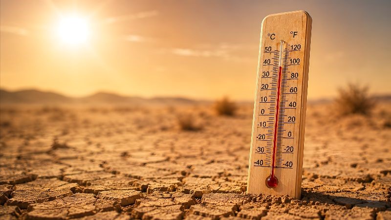 Thermometer sticking out of the dirt with the sun in the background.