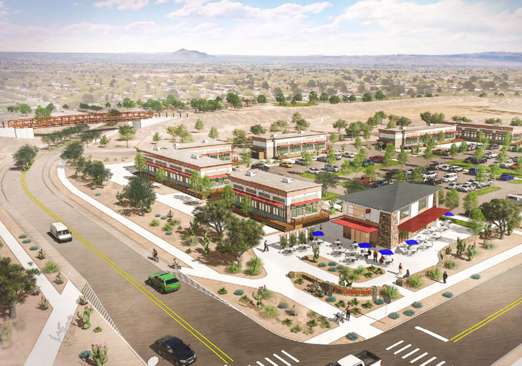 Graphic Rendering of a plaza concept for an area of Las Cruces with streets, buildins and open space in the background.