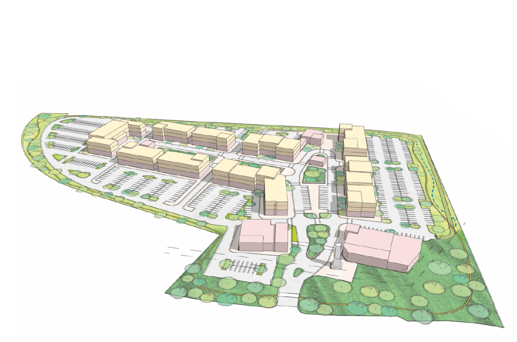 Graphic rendering of a proposed development. Image contains buildings and greenspace and parking areas. Non- specific to a location in Las Cruces but proposed for Las Cruces.