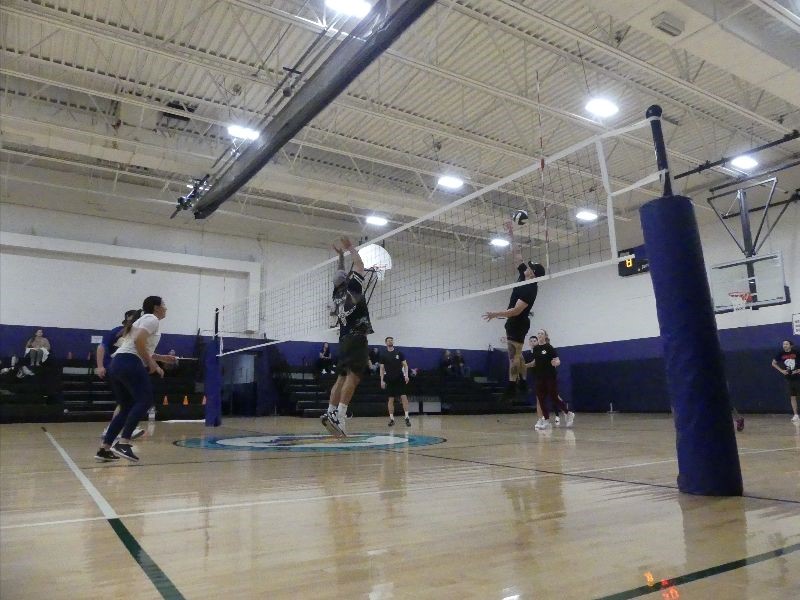 Group of people playing indoor volleyball.