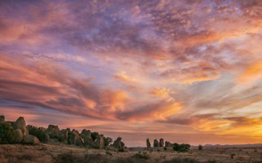 Variations of lavendar and pink color tinting the clouds during sunset.