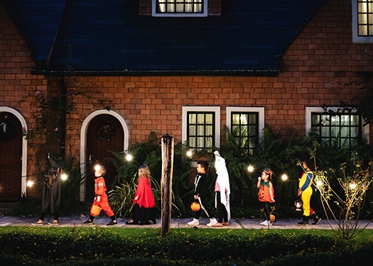 a photo of a group of children wearing halloween costumes while trick or treating.