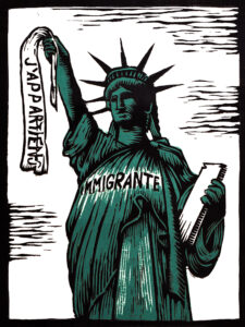 A drawing of the Statue of Liberty labeled Immigrante holding a white anner that reads "J'appartiens."