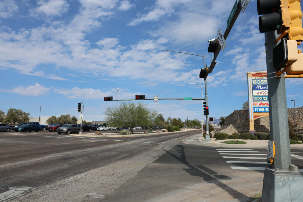 Photo from ground level at Lohman Avenue looking eastward toward Organ Mountains.