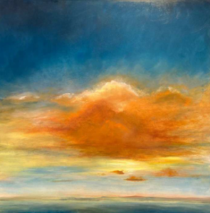 Orange tinted cloud in blue sky painting